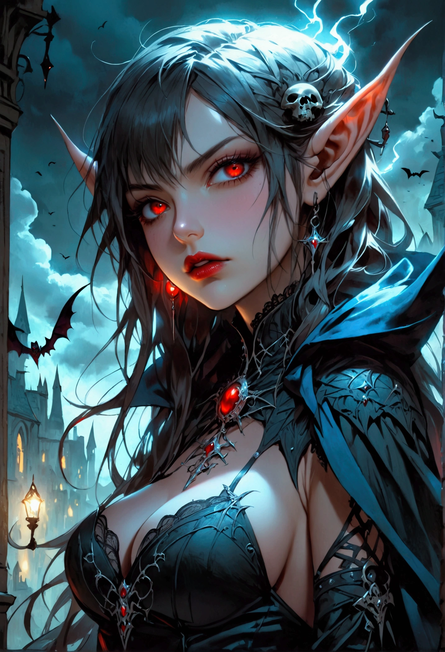 anime comic illustration fantasy art, gothic art, portrait of a female vampire elf, casting dark spell, with a long curvy hair, light color hair, red eyes, busty, Ultra Detailed Face, small pointed ears, blue cloak,  flowing cloak, wearing an intricate black leather dress,  high heeled boots, fantasy urban background, fantasy, at night light, natural ,moon light, clouds, gothic atmosphere, soft light, dynamic light,  high details, best quality, 32k, [ultra detailed], masterpiece, best quality, (extremely detailed), dynamic angle, oil pastel, NecromancyAI