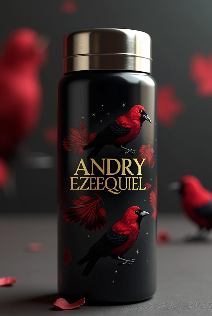 Create a personalized thermos with a black design and that has the name Andryezequiel and drawings of red and black crows. And the name that looks classic, that shows the name Andry among the crows, that the letters of the name Andryezequiel are gold.