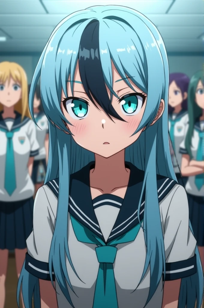 Screenshot of my hero academia.
A girl with long, straight light blue hair that has a black streak with bangs, He has turquoise blue eyes and one of his eyes has a moon pupil. He has a serious expression., He is wearing the UA uniform and in the background he has a UA school class and he is listening to music on headphones
