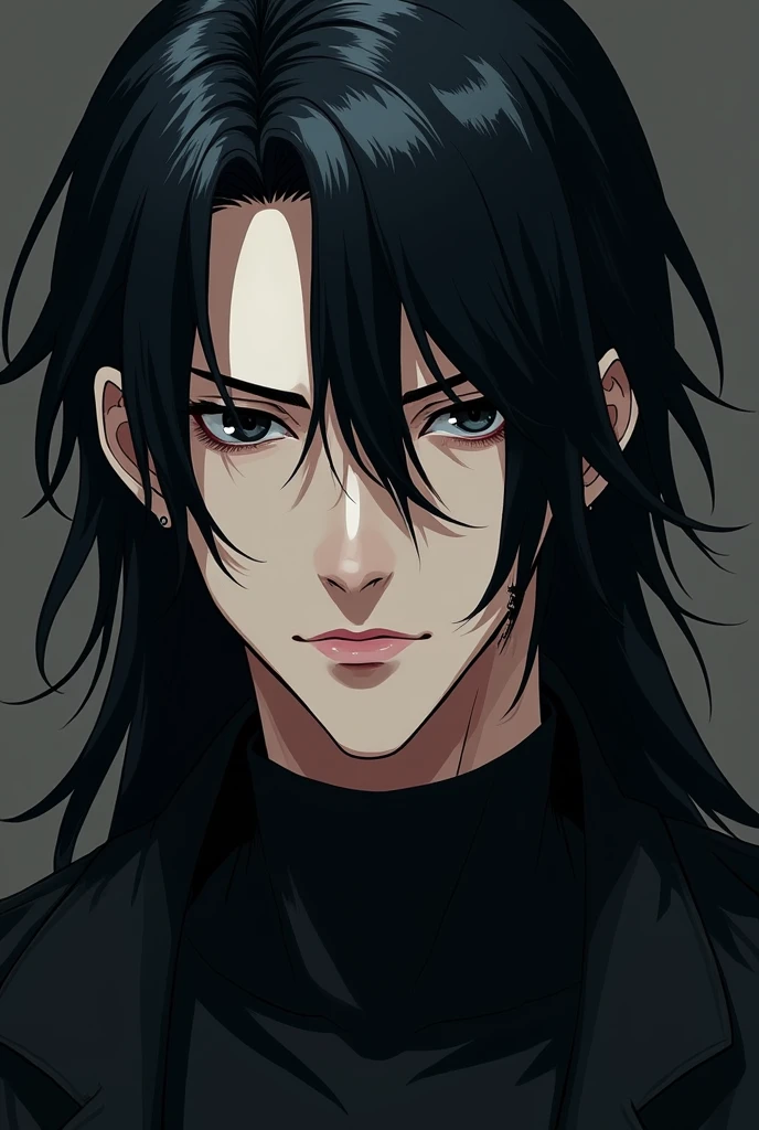 Create an anime MAN with long black hair and a cold look and black eyes, slightly pink lips and eyebrow piercing 