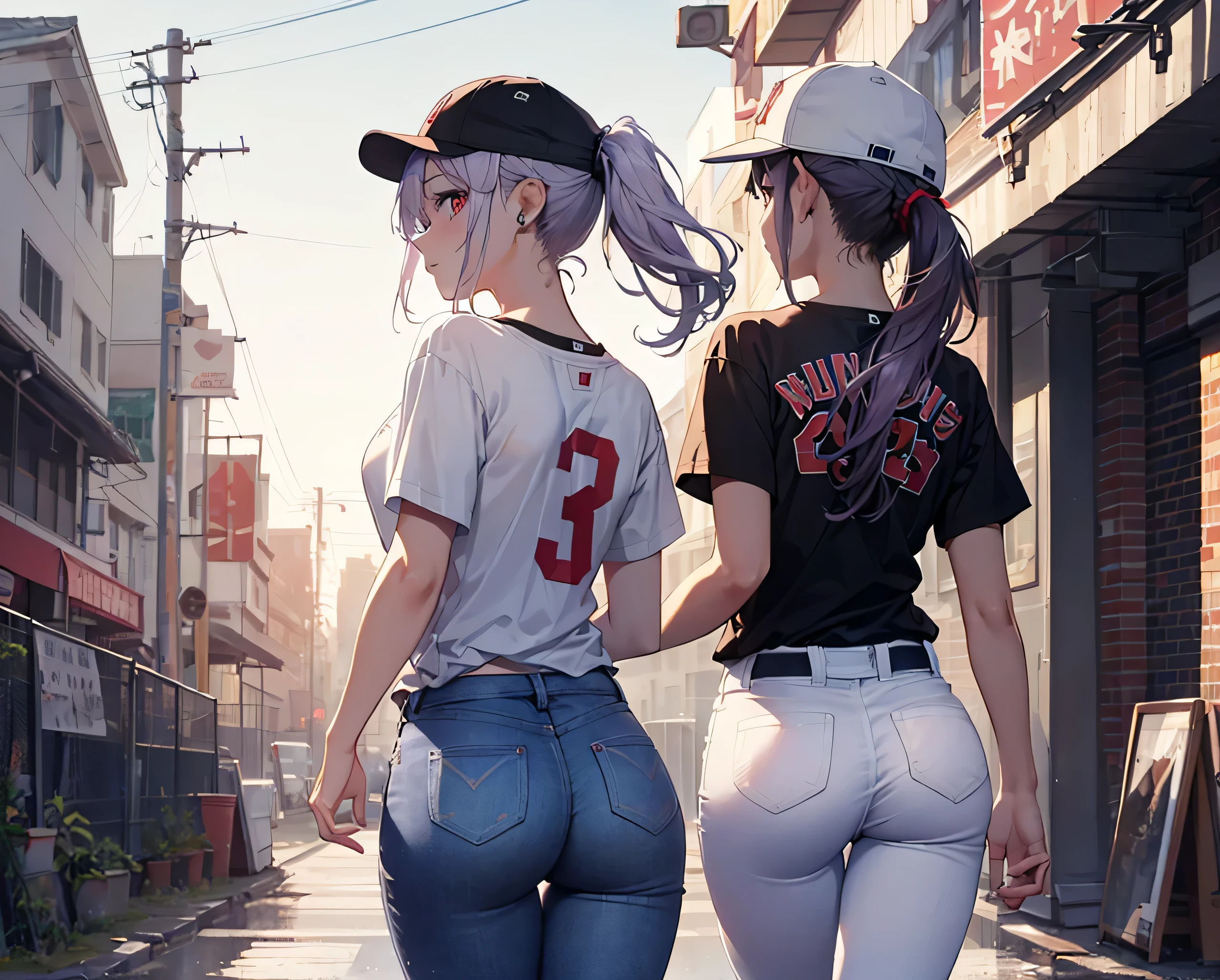 (close up:1.3),realisitic,highest quallity, super verbose, CG rendering high quality, The most delicate and beautiful, Floating gently, high resolution, (1 girl), (highest quallity,4K,8k,work of art:1.2), light purple hair,(very long ponytail:1.5),Eyes red,(Pure white oversized short sleeve t-shirt:1.3),(black jeans pants:1.3),(Pure white baseball cap:1.3),in town,old buildings,(Turn your back on your audience:1.3),in this