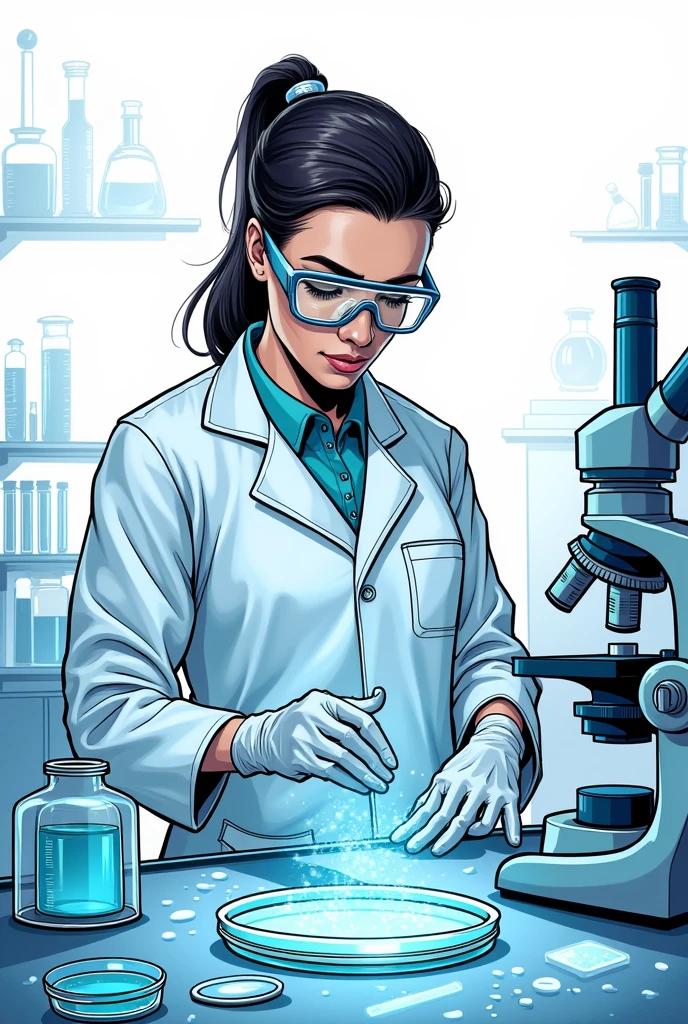 full shot, romance_comics_cover, [kat1emcgrath-135] wearing a white lab coat is working in a laboratory, holding a vial of glowing liquid, purple button down shirt, black pants, high detail illustration, a comic book panel, nuclear art, 1girl, black hair, black glasses, building, depth of field, focused, serious, long hair, long sleeves, outstretched arm, laboratory equipment, <lora:romance_comics_cover:1>