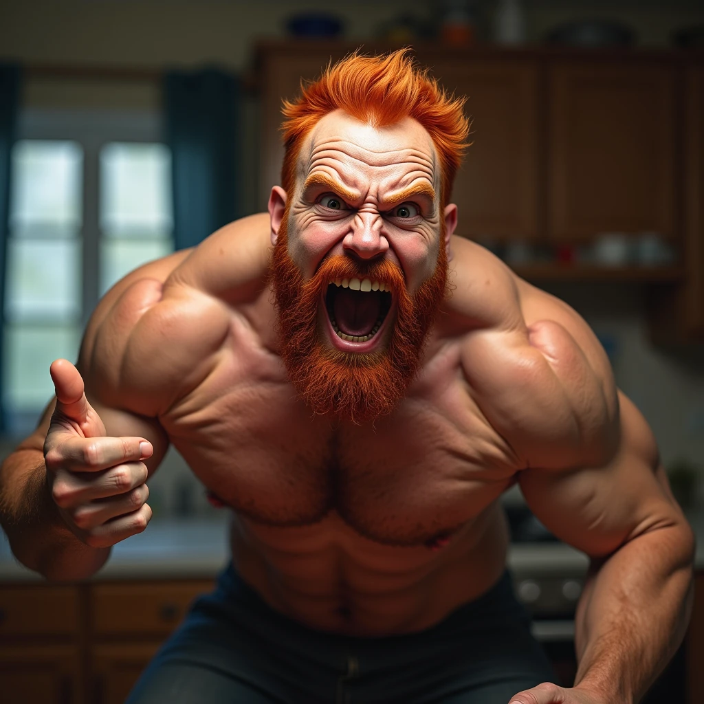 An extremely muscular man, with veins protruding from his powerful muscles, and red hair and beard. screaming in amazement and desperate fear, with open mouth laughing screaming with joy and happiness, and making an ok gesture with his hand, like raising the thumb. Close up of his face in the background of the kitchen of a house