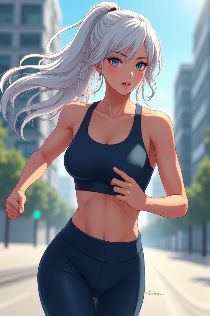 White haired anime girl in sports bra and running leggings with big tiddies