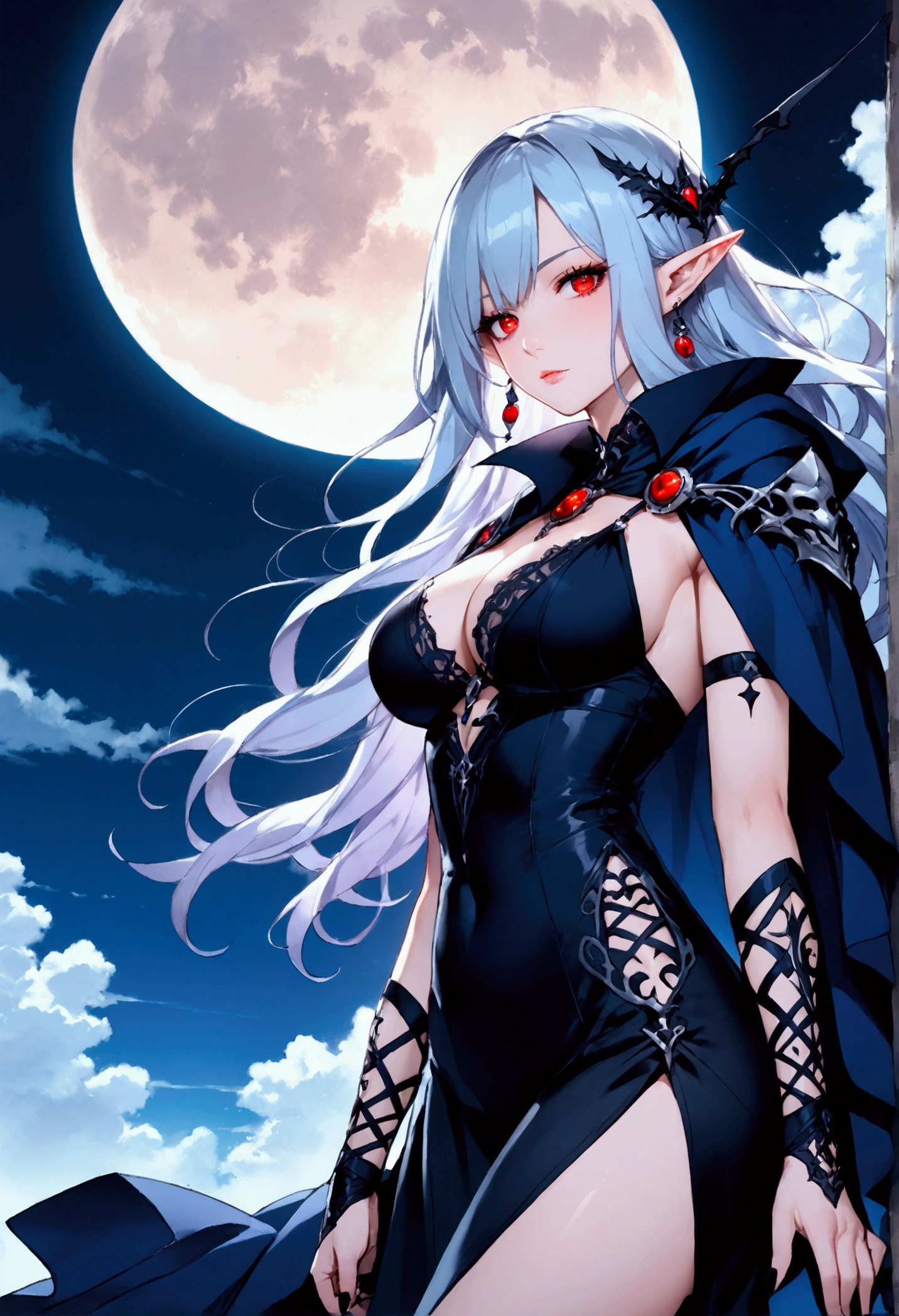 anime comic illustration fantasy art, gothic art, portrait of a female vampire elf, casting dark spell, with a long curvy hair, light color hair, red eyes, busty, Ultra Detailed Face, small pointed ears, blue cloak,  flowing cloak, wearing an intricate black leather dress,  high heeled boots, fantasy urban background, fantasy, at night light, natural ,moon light, clouds, gothic atmosphere, soft light, dynamic light,  high details, best quality, 32k, [ultra detailed], masterpiece, best quality, (extremely detailed), dynamic angle, oil pastel