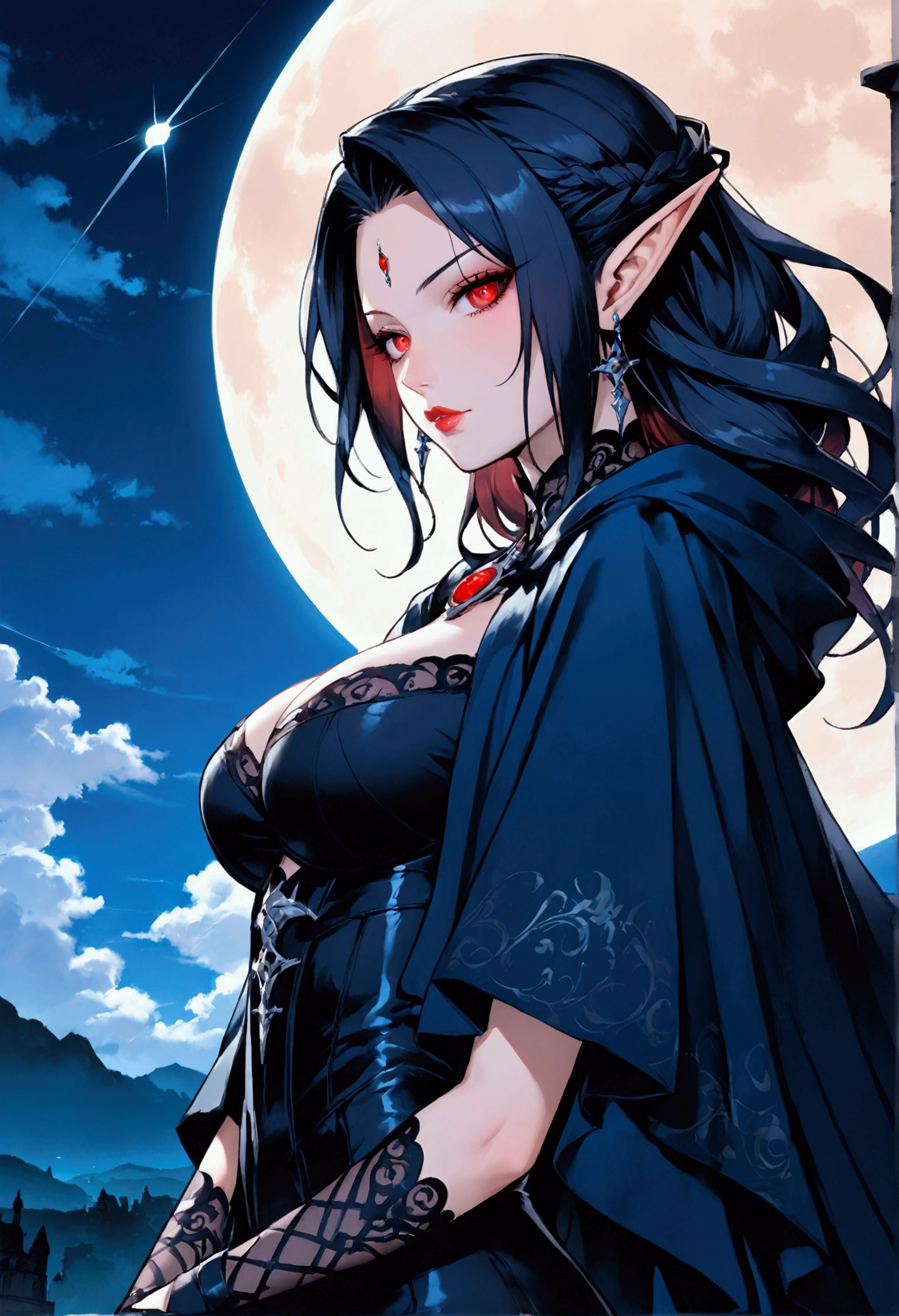 anime comic illustration fantasy art, gothic art, portrait of a female vampire elf, casting dark spell, with a long curvy hair, light color hair, red eyes, busty, Ultra Detailed Face, small pointed ears, blue cloak,  flowing cloak, wearing an intricate black leather dress,  high heeled boots, fantasy urban background, fantasy, at night light, natural ,moon light, clouds, gothic atmosphere, soft light, dynamic light,  high details, best quality, 32k, [ultra detailed], masterpiece, best quality, (extremely detailed), dynamic angle, oil pastel