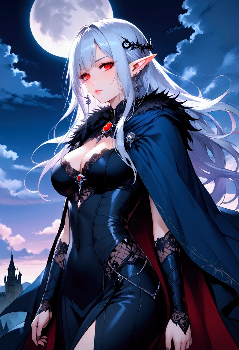 anime comic illustration fantasy art, gothic art, portrait of a female vampire elf, casting dark spell, with a long curvy hair, light color hair, red eyes, busty, Ultra Detailed Face, small pointed ears, blue cloak,  flowing cloak, wearing an intricate black leather dress,  high heeled boots, fantasy urban background, fantasy, at night light, natural ,moon light, clouds, gothic atmosphere, soft light, dynamic light,  high details, best quality, 32k, [ultra detailed], masterpiece, best quality, (extremely detailed), dynamic angle, oil pastel