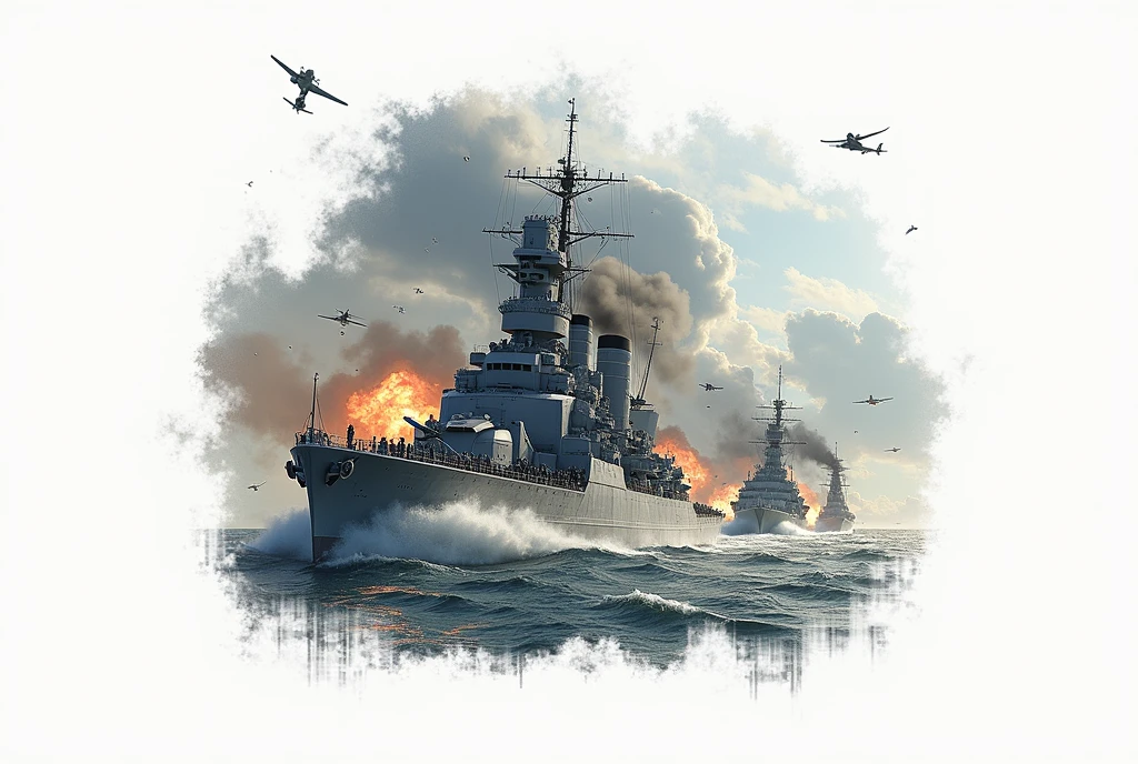 a massive naval battle during world war ii, detailed warships,huge explosions, smoke, debris, intense action, dramatic lighting, cinematic, epic scale, dramatic clouds, moody atmosphere, gritty realism, highly detailed, (best quality,8k,highres,masterpiece:1.2),ultra-detailed,(realistic,photorealistic,photo-realistic:1.37),cinematic lighting,dramatic shadows,dramatic colors,dramatic angles,visceral,intense,chaotic,moody,detailed warship models,detailed naval uniforms,accurate historical details,intense naval combat,massive scale,cinematic camera angles,dramatic weather effects