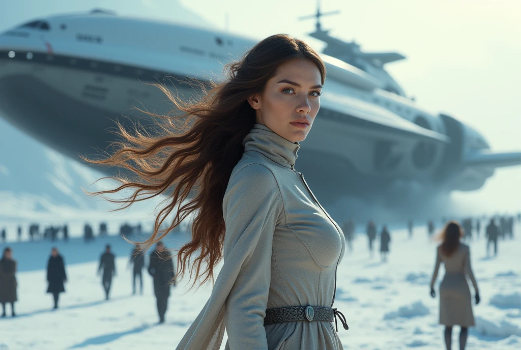 (detailed, 8k, photorealistic, cinematic lighting, dramatic lighting), (apocalyptic, snowy winter landscape), (beautiful mature alien woman milf, 2, beautiful european features, three medium sagging breasts, cleavage, long wavy brown hair blowing in the wind, intense gaze, elegant pose), (giant futuristic spaceship background, high-tech shuttle, cold and icy environment, lots of people getting off the ship)