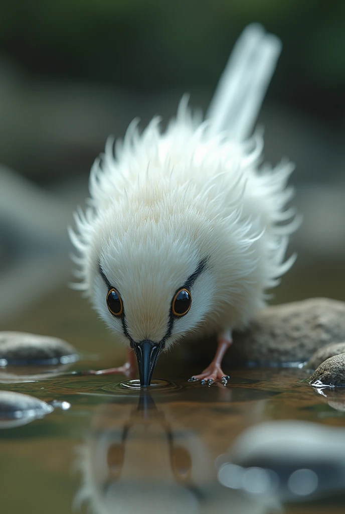 (Close-up of a better masterpiece:1.5)0.9], white fluffy shima-enaga drinking water, riverbed