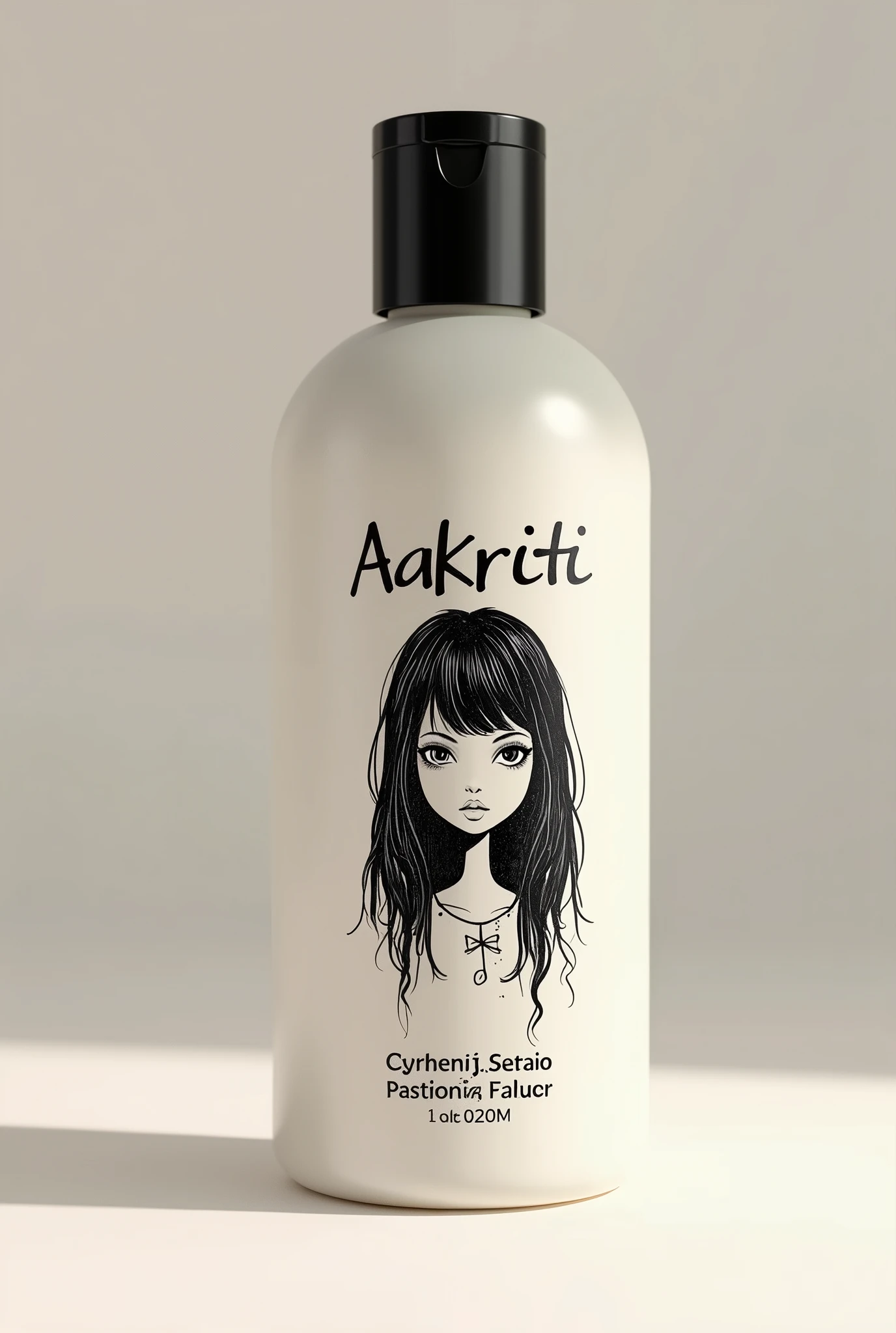 An asthetic shampoo bottle with the name Aakriti on it with a black rough picture of a girl