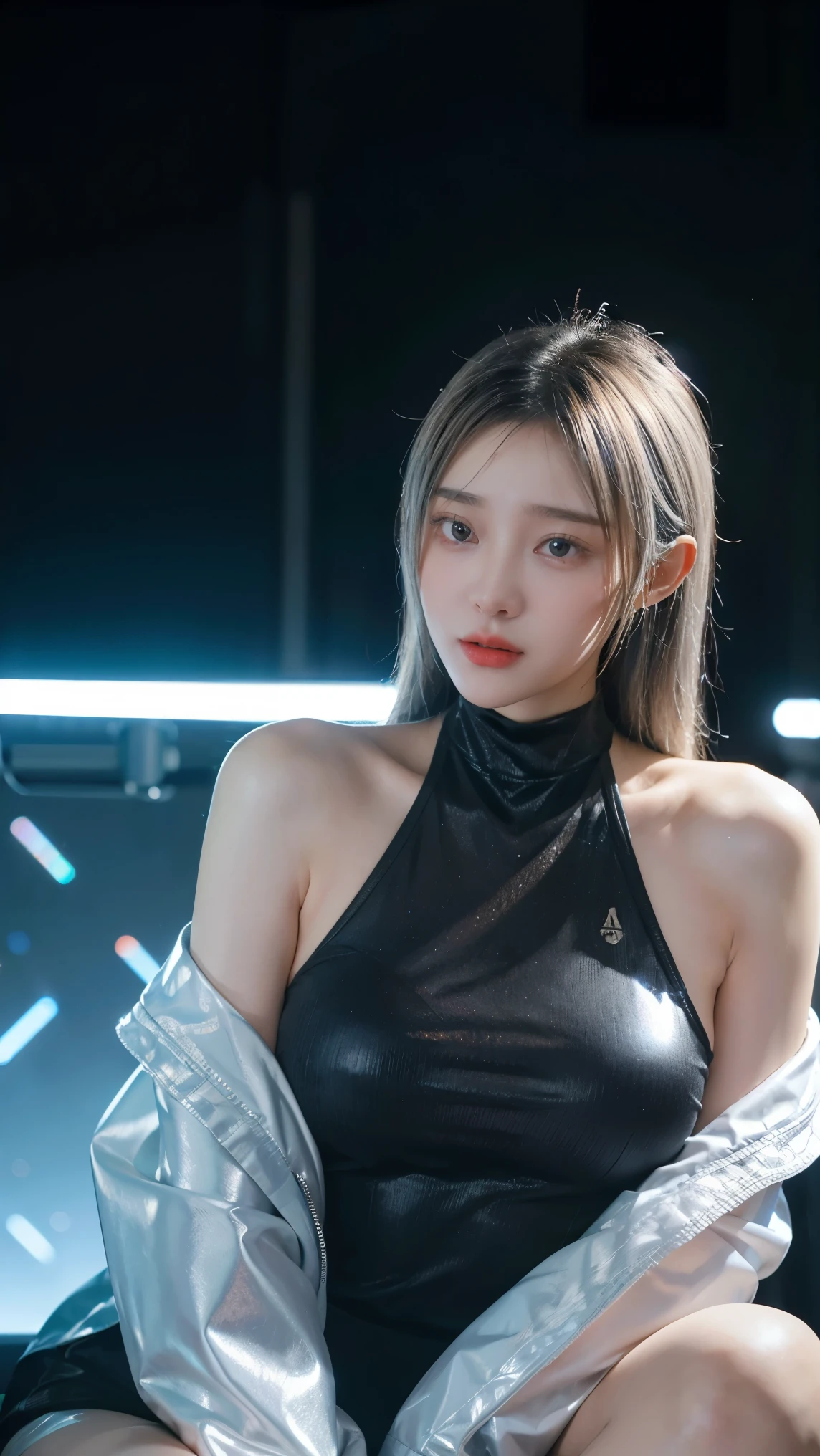 (masterpiece, ultra-realistic, best quality) A futuristic young woman with a slender and athletic build, Hanna Yoojin, wearing a sleek, metallic bodysuit with glowing neon accents. Her short, silver hair is slightly tousled, and her eyes are glowing with a soft blue light. She is seated confidently on a high-tech throne with intricate cybernetic details, with advanced robotic wings extended behind her. The setting is a futuristic control room with holographic displays and dim ambient lighting. The camera angle is a medium shot with a slight low angle to emphasize her authority. The background has a cyberpunk cityscape with skyscrapers and flying vehicles in the distance. (85mm lens, f/1.4 aperture, cinematic lighting, strong rim light, volumetric fog, bokeh background)