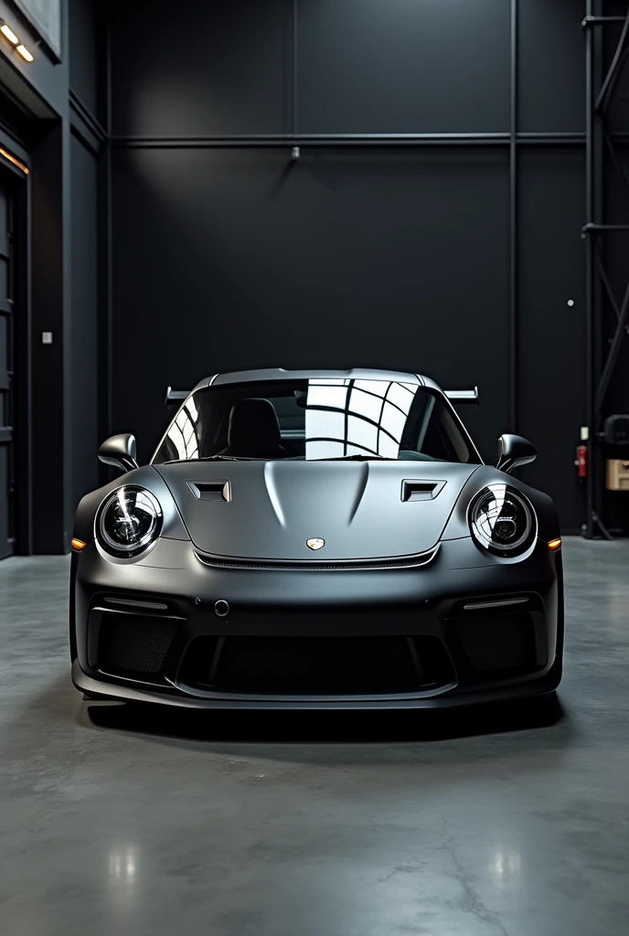 Porsche 911 GT3 car, matte black color, carbon, inside an industrial style loft, black walls, New york, cinema lights, realism, great detail, focus on the car, vessel, 