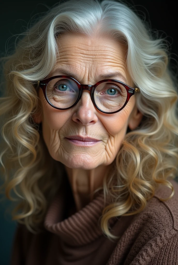 An elderly woman with dyed blonde hair Curly and Long but not too long , blue eyes, and oval glasses
