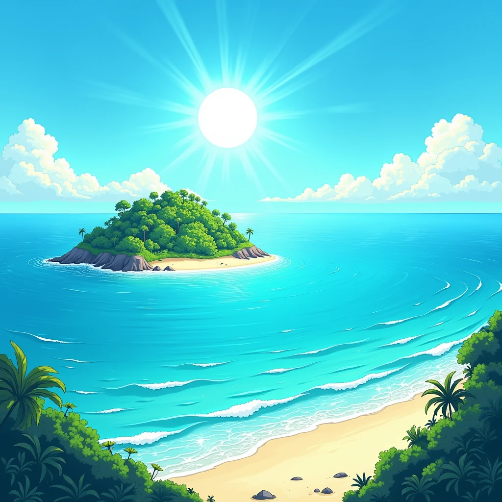 A gigantic sea with crystal clear waters and small waves. Far away from this sea, there is a small island with a beach on the edge and lots of forests, the sky is blue and the sun is shining, comic book style.