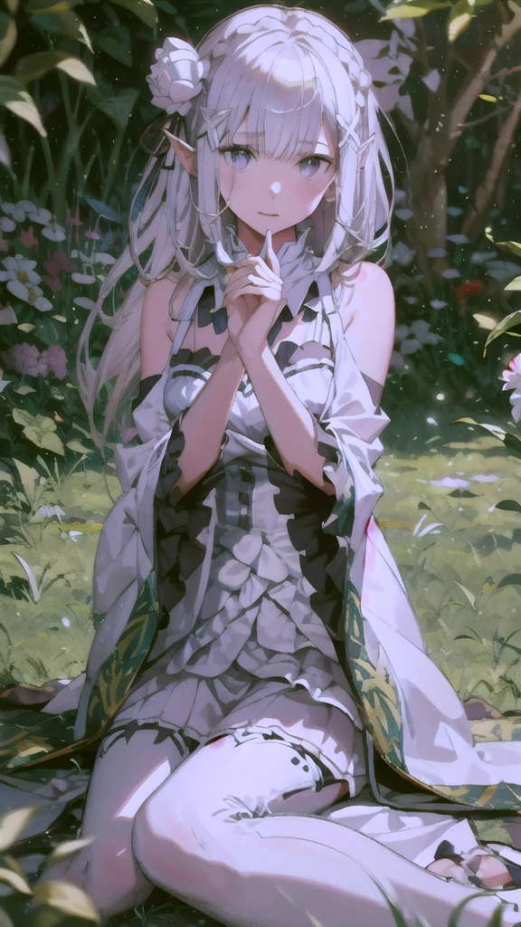 1girl Emilia, elf ears,with long white hair sitting in a field of green plants and flowers, her hand under her chin, warm lighting, white dress, blurry foreground