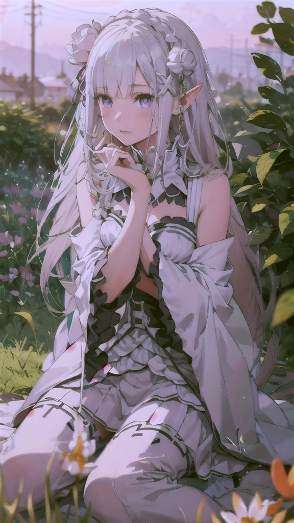 1girl Emilia, elf ears,with long white hair sitting in a field of green plants and flowers, her hand under her chin, warm lighting, white dress, blurry foreground