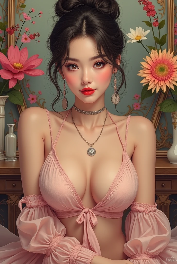 a K-pop idol , ，Japan
(((masterpiece))), ((best quality)), ((intricate detailed)), ((Hyperrealistic)), absurd res, milf, 20 years old young woman, perspective, highly detailed, illustration, 1girl, ((huge breasts)), perfect hands, detailed fingers, beautiful detailed eyes, updo hair, brown eyes , pantyhose， choker, perfect eyes, seductive eyes, looking at the viewer, from front，Huge breasts，Low-cut，Cleavage，wear glasses，noble，earrings，necklace，bracelet，White shirt，Suits，Miniskirt flower，flower vase，flower，Red lips，flowers