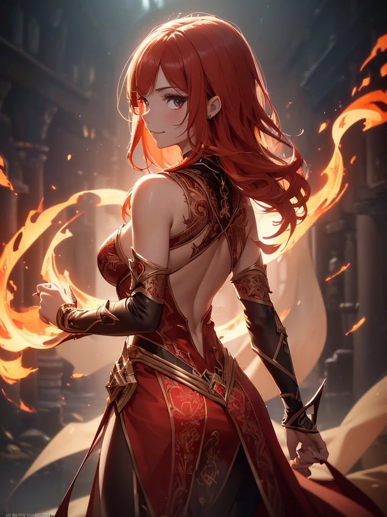 (((best quality, sharp image, clear image, cinematic lighting, 8k resolution, masterpiece, ultra detailed, intricate))) Girl, sorcerer, cute, intricate dress, smiling, fiery red, ((intricate background)), (rune frame), dimension, ((shot )), fire sigils, chaotic background, ((half-body shot))