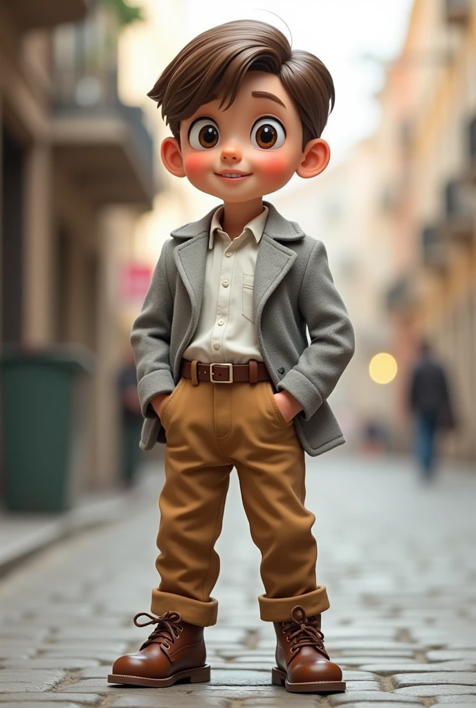boy with camel-colored drill pants, White shirt, light grey coat and brown shoes