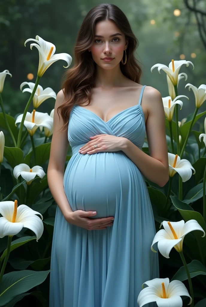gestante, light blue luxury dress, many peace lilies
