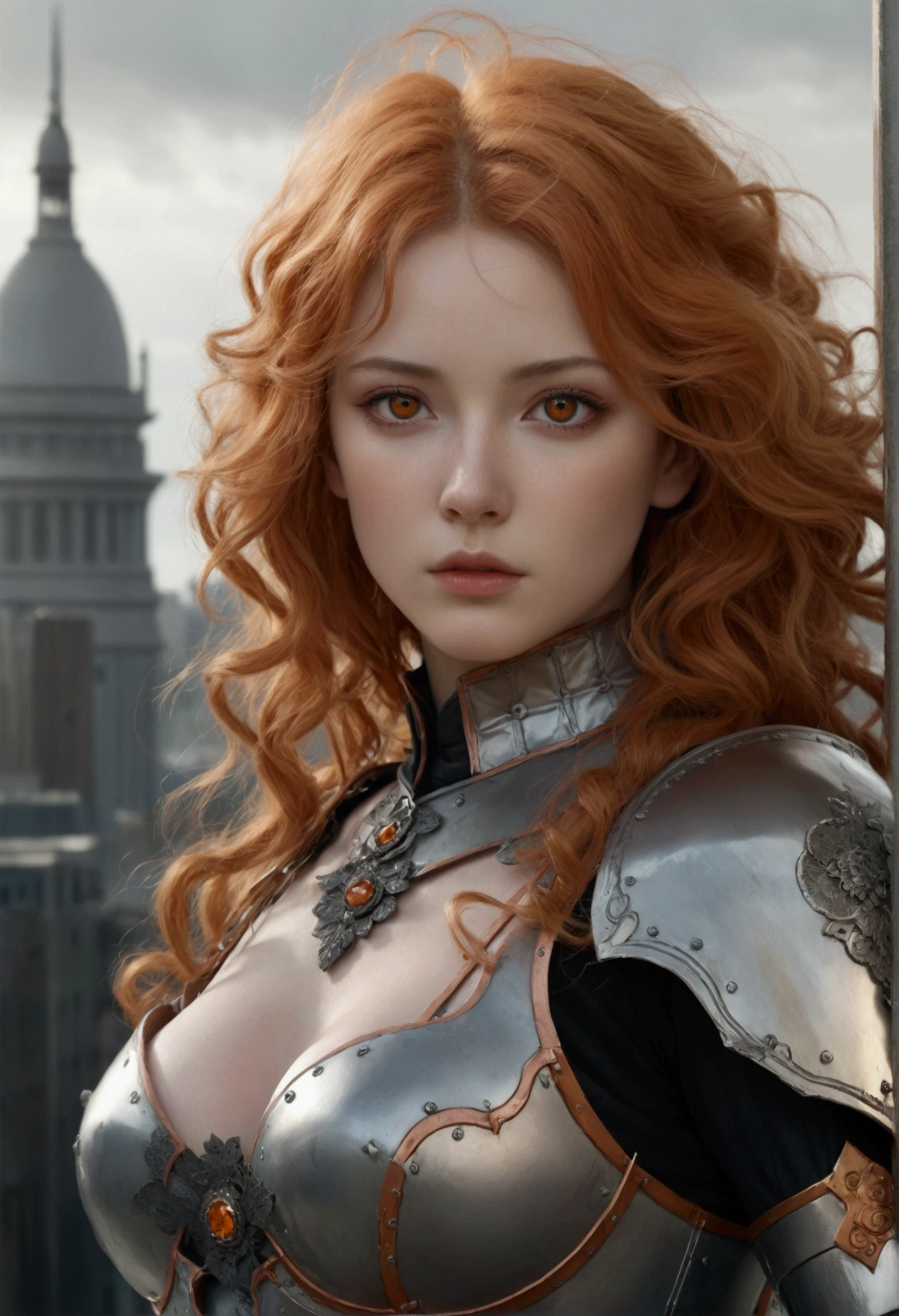 a beautiful woman, orange eyes, (blush nose), detailed eyes, cinematic, drawn by Greg Rutkowski, Yoji Shinkawa: 0.6long curly orange hair, defined body, wearing detailed Victorian-era armor (((super strong)), masterpiece, best quality, ultra-detailed, ground, destroyed city background, shadows, contrast, gray sky, style (look at viewer: 1.2) (skin texture) (film grain: 1.3), ultra-high resolution, octane render, 16k