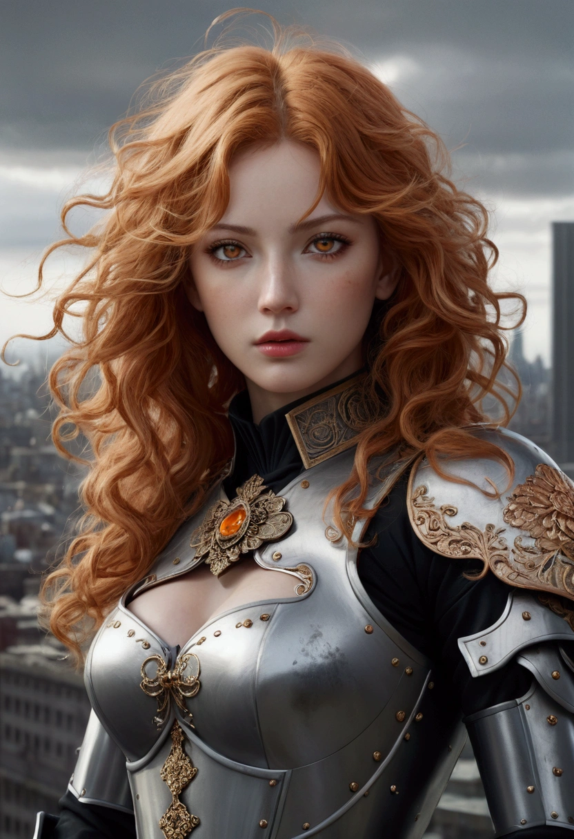 a beautiful woman, orange eyes, (blush nose), detailed eyes, cinematic, drawn by Greg Rutkowski, Yoji Shinkawa: 0.6long curly orange hair, defined body, wearing detailed Victorian-era armor (((super strong)), masterpiece, best quality, ultra-detailed, ground, destroyed city background, shadows, contrast, gray sky, style (look at viewer: 1.2) (skin texture) (film grain: 1.3), ultra-high resolution, octane render, 16k