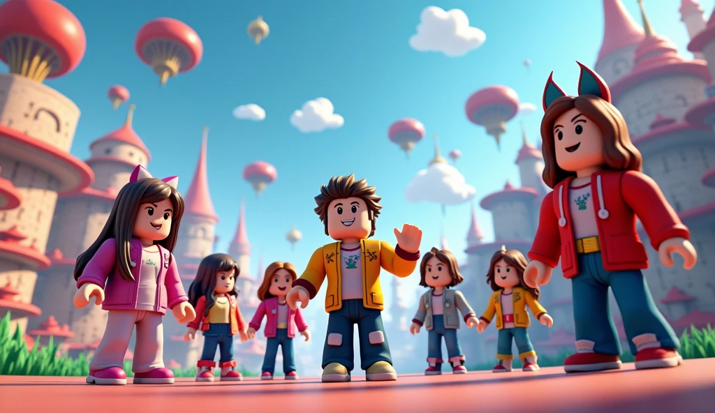 I WANT A ROBLOX GAME WALLPAPER the scenario must be SET IN THE GAME I need 7 characters with the characteristics of the avatars of the roblox game THE CHARACTERS are different one from the other being girls and boys they are playing several games within the roblox world