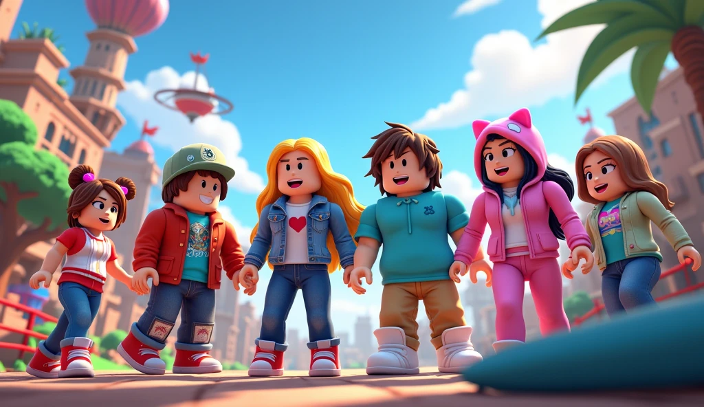I WANT A ROBLOX GAME WALLPAPER the scenario must be SET IN THE GAME I need 7 characters with the characteristics of the avatars of the roblox game THE CHARACTERS are different one from the other being girls and boys they are playing several games within the roblox world