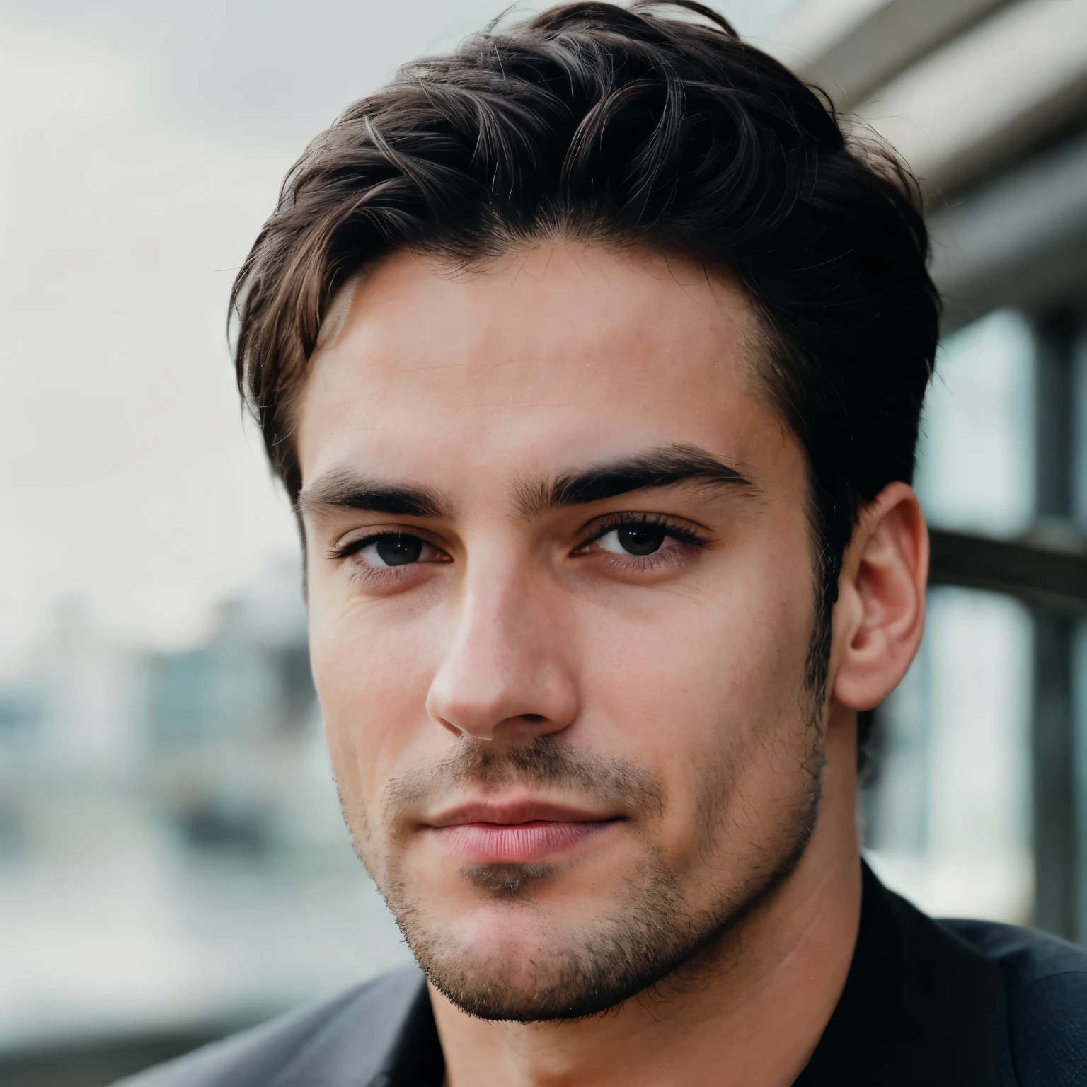 Create an ultra-realistic image of a man around 2, staring at the screen with an intense and thoughtful expression. The image should focus on facial details, including clear, bright eyes, a subtle smile, and well-defined facial features. The man has fair skin, short black hair, and a clean-shaven look. Every detail, from the texture of his skin to the light reflections in his eyes, should be crisp and lifelike. The background should be out of focus, enhancing the realism of his face and expression.
