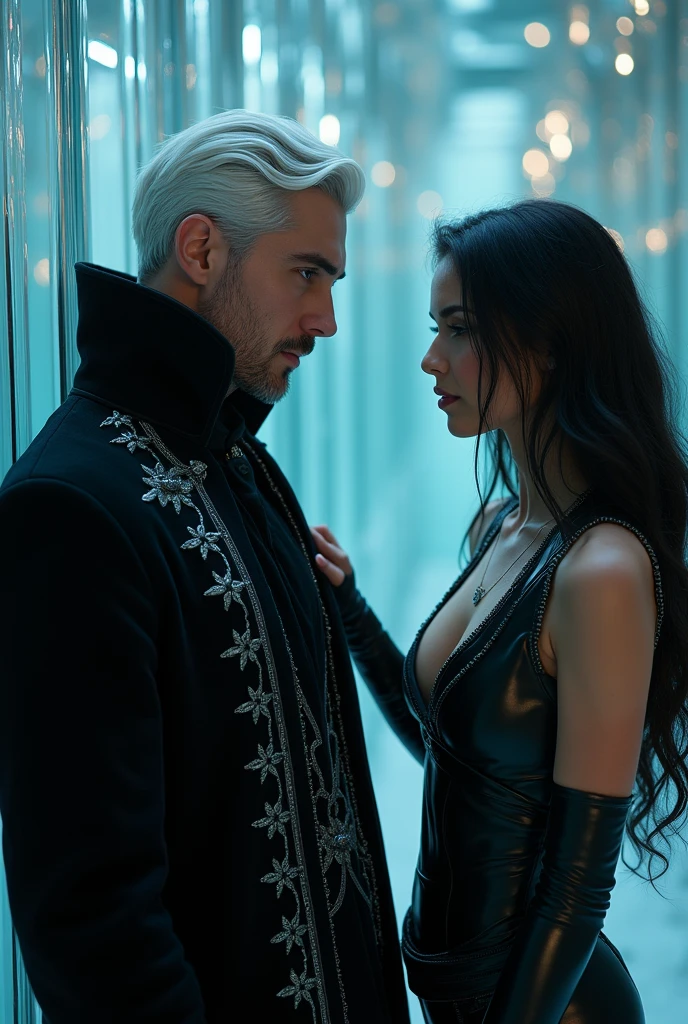 Make an image of an extremely handsome and strong man, he has snow white hair and crystal blue eyes, He was dressed in an elegant and mysterious attire, consisting of a black overcoat made of shiny fabric that caught the light around it, highlighting your presence. The costume design is detailed, with intricate embroidery in light blue and silver, which stand out mainly in the vest and the lining of the jacket. under, a dark shirt with a V-neck reveals a combination of noble fabrics, completing the look with a touch of sophistication, he is leaning against the wall with and there is an extremely beautiful woman with a knife to his neck, she has long black hair that is slightly wavy, eyes golden as gold, and wears a black leather combat outfit, she looks at him with a little smile on her face as she holds the knife to his throat, the bottom and hallway of a glass castle