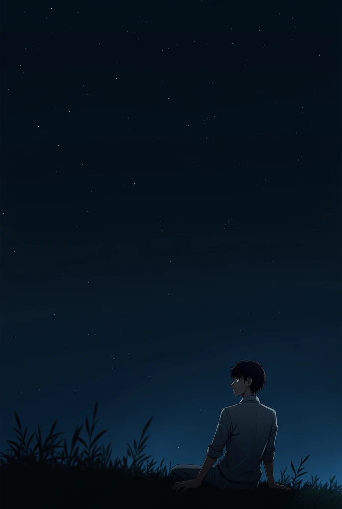 Anime image of a man sitting alone in a dark night.
