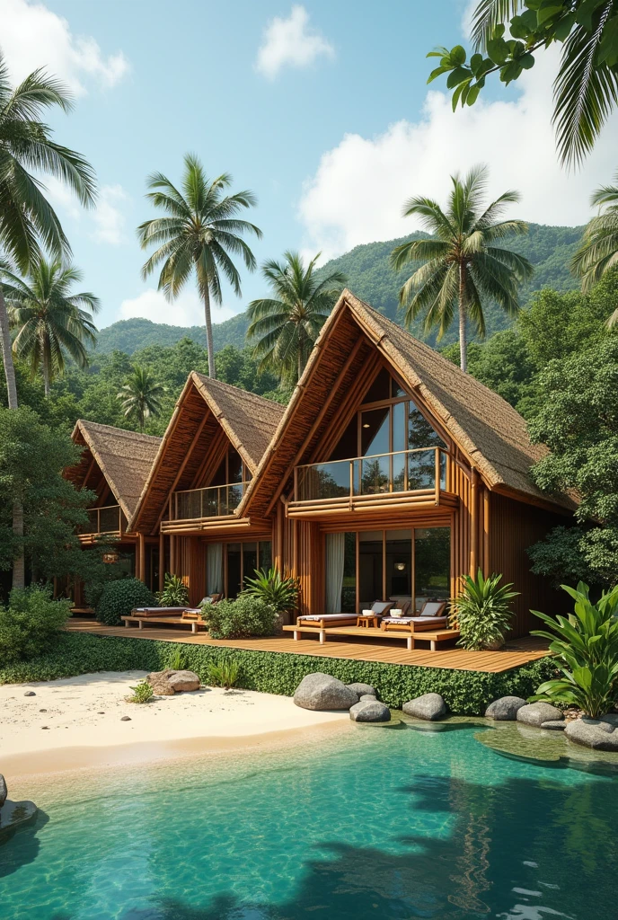 make an 2-building hotel, environment-friendly with a philippine-native bamboo vibe. one is for standard and have 6 rooms. and the other is for deluxe and have 4 rooms. each rooms in the building consists own separated balcony with a table each intended for in-room dining experience to appreciate the nature around. make it typhoon-proof, the roof is like hut but have a modern aesthetic design. also make a function-hall in the side of the two building, with a small kiosk for a mini bar and handcrafted souvenir. it should be sorrounded by yard and plants, make a pool. it should give justice to our concept semi-eco-friendly hotel. siargao vibe.
take note: 2 buildings only.
make the photo wide landscape that it can be visualize located in an island. if you know Biri, Northern Samar ot should be located in it. so the buildings should face the beach.