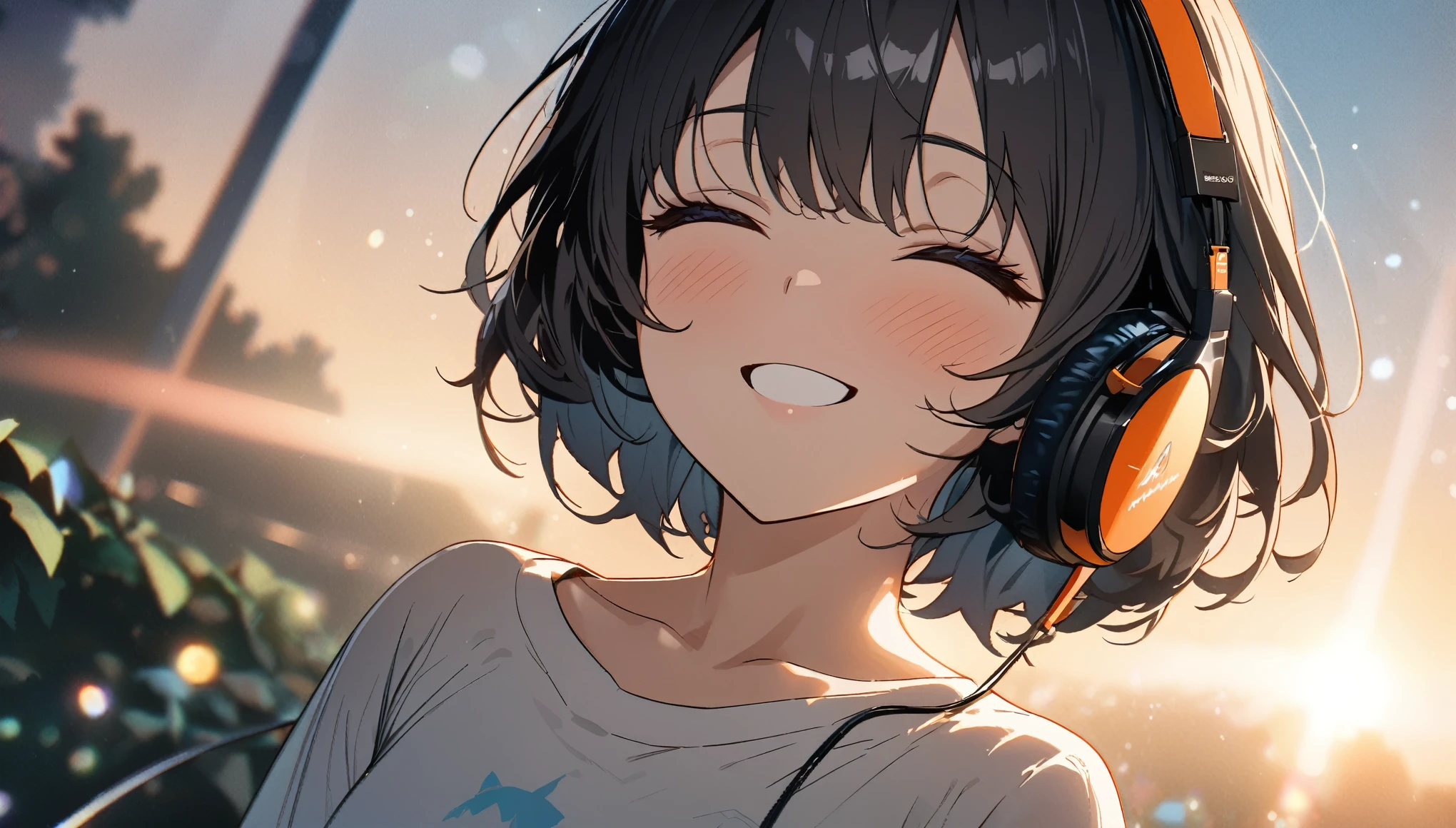 one girl, black short hair and bob hair,smile、, gentle smile on her face、flat chest, one Beautiful girl,((masterpiece, illustration, best quality) ((ultra-detailed))1girl, solo, b, flat chest, short hair, black hair, gentle smile on her face, white shirt, the sun shining light on her ((masterpiece, illustration, best quality)) 1girl, and, Rule of Thirds Profound foliage with Ivy, at Sunrise, Embarrassing, Cleancore, split lighting, Bright design, contest winner, beautiful, closing eyes while listing to music while wearing headphones, 濃い青とBeautiful Blueのグラデーション, High resolution, 8K HD detail, hyper-detail, cinematic, surrealism, soft light, deep field focus bokeh, ray tracing and surrealism. --v6