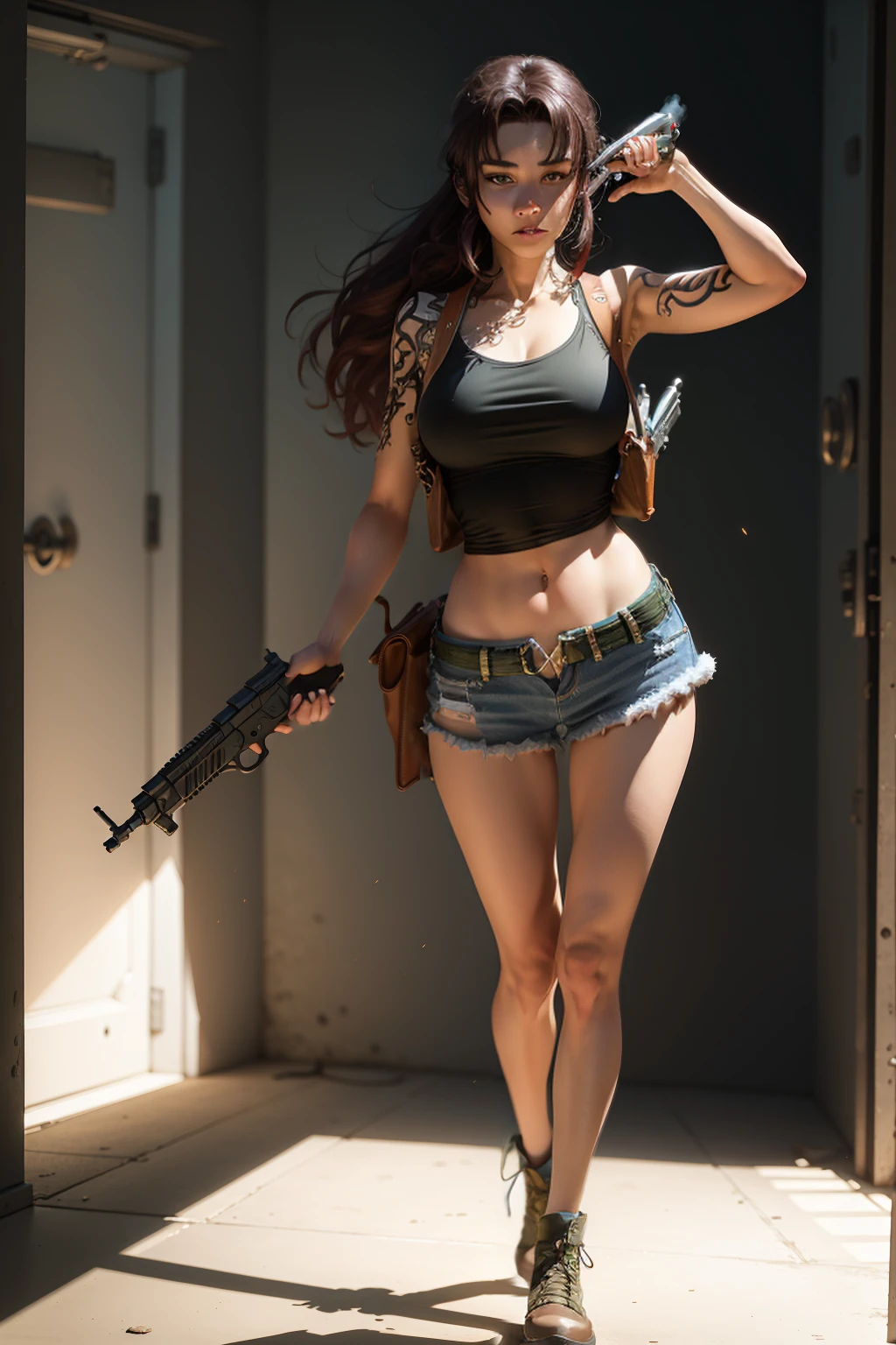 ((Full body photo, standing, feet on the floor))1girl, ((aiming at the viewer with a gun)), red tank top, leather miniskirt, one pistol, ((holding a handgun)), masterpiece, detailed shadows, detailed light, very detailed, best quality, HD, 4K, high quality, cowboy shot, photography, professional lighting, (((decent looking gun))),detailed background, flash, shooting smoke, brown  hair, brown eyes