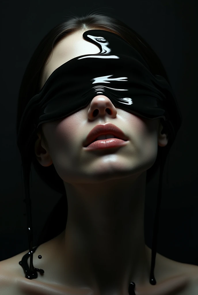 Generate a hyperrealistic, photorealistic image of a female figure in a portrait style. The subject should be partially obscured by a splash of thick, glossy black liquid that flows across her face, creating a dramatic and abstract visual. The liquid should have a wet, reflective surface, catching the light in a way that contrasts with her smooth, porcelain-like skin. The overall scene should be dark and moody, with intense shadows and highlights enhancing the contrast between the skin and the liquid, evoking a sense of mystery and avant-garde artistry.