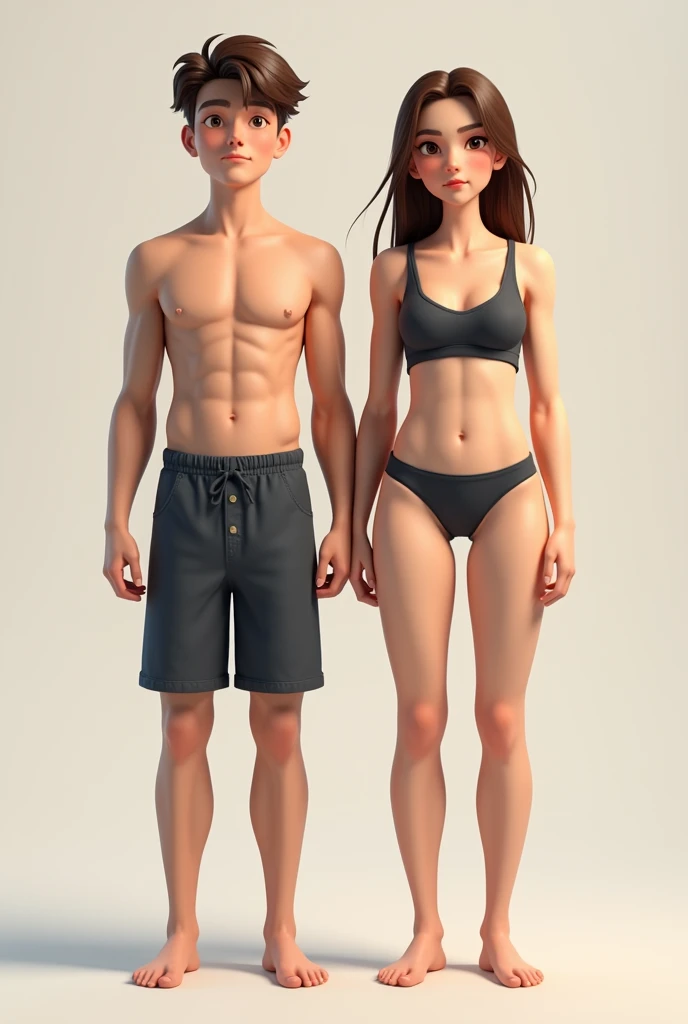 Twins, a man and a woman, 2, Brown hair, Brown eyes, full body image