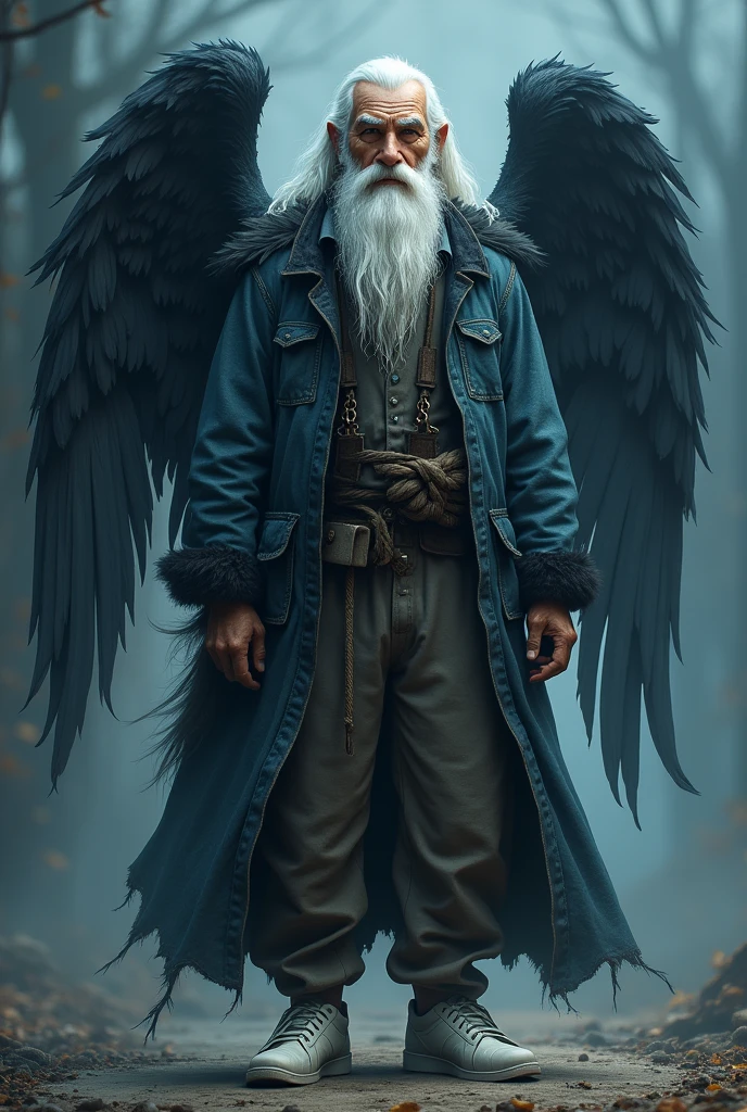 Free Fire type male character, old man's beard, angelic black collar, blue, white sneakers and white hair