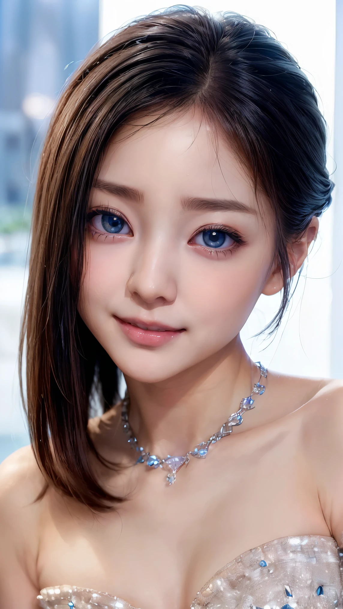 (4k quality:1.3),(Highest quality:1.3),(Whitening:1.4),(Baby Face,Girl:1.3),(The best beauty:1.5),rich,Upper Body,smile,(Strapless bejeweled dress:1.3),(Different dimension:1.6),Overflowing breasts,(jewelry),Captivate a man,Cleavage,(Super Celebrities:1.5),(Supermodel:1.4),(Whitening:1.2),(Tight waist:1.4),(Night viewの良いホテル:1.1),(luxury:1.2),(Arisa Hanyu:1.5),(anorexia:1.4),(Night view:1.3),(Face close-up),Catchlight,(Child&#39;s face:1.6),(smile:1.1),(Light blue hair:1.3),(Half Up Hair:1.3),(Light blue eyes:1.4),(2D cuteness:1.5),(Cute Makeup),Beautiful fingertips,(Sexy and cute:1.6),(Luxury hotel:1.6),(White Gal:1.6),(Transparent white skin:1.4),(albino:1.5),(Lighting hits the subject:1.3)