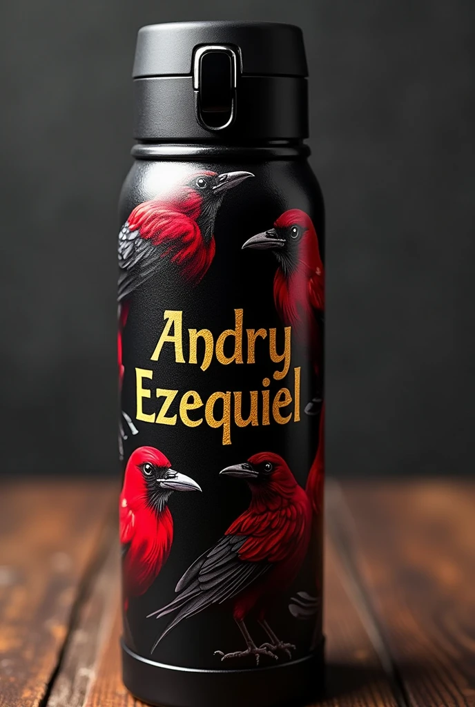 Create a personalized thermos with a black design and that has the name Andryezequiel and drawings of red and black crows. And the name that looks classic, that the name Andry can be seen among the crows, that the letters of the name Andryezequiel are golden, that the crows are larger.