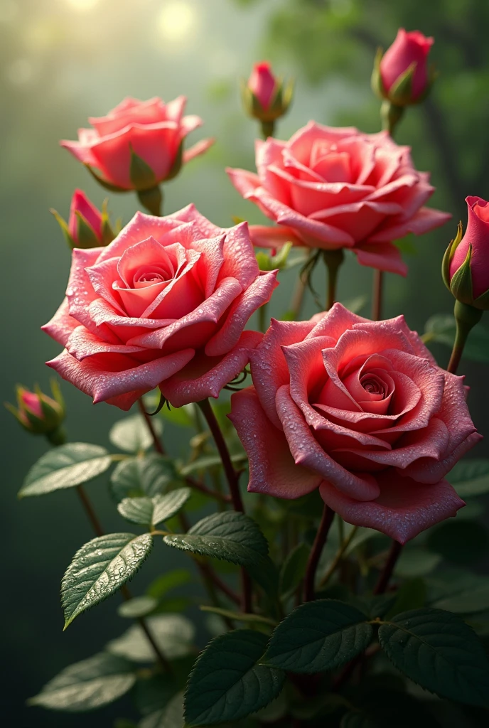 (Photorealism), detailing of small elements, roses with dew drops, nature all around