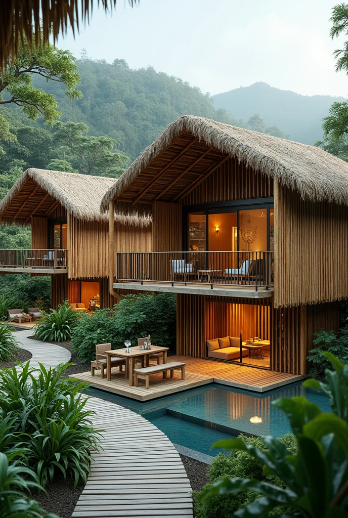 make an 2-building hotel, environment-friendly with a philippine-native bamboo vibe. one is for standard and have 6 rooms. and the other is for deluxe and have 4 rooms. each rooms in the building consists own separated balcony with a table each intended for in-room dining experience to appreciate the nature around. make it typhoon-proof, the roof is like hut but have a modern aesthetic design. also make a function-hall in the side of the two building, with a small kiosk for a mini bar and handcrafted souvenir. it should be sorrounded by yard and plants, make a pool. it should give justice to our concept semi-eco-friendly hotel. siargao vibe.
take note: 2 buildings only.
make the photo wide landscape that it can be visualize located in an island. if you know Biri, Northern Samar ot should be located in it. so the buildings should face the beach.