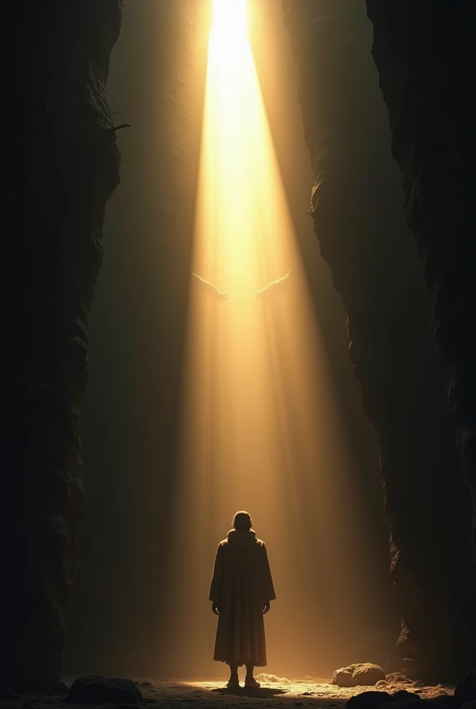 A person standing in a dark, cavernous room. The person is surrounded by shadows and doubt. Then, a bright light shines down from above, illuminating the person's face. The person's eyes fill with hope and joy as they realize the power of their faith.