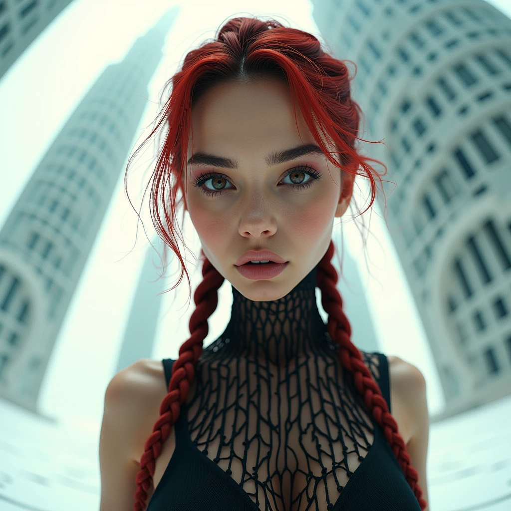 Viewed from
Below fisheye effect,Hailee steinfeld,Extreme Closeup,young woman,white invisible background,young Caucasian woman standing on rooftop below towering futuristic lattice buildings,Smokey eyes ,black lattice webbed bodysuit,thigh leaning forwards,looks like joi ,beautiful makeup,skin imperfections,sensual, sunset,braided red hair ,makeup,bokeh, looks like joi from blade runner,looks like ana de armas,stylish hair ,ultra HD,intricate details,3d render,hyper maximalist,light pouring in window, Premium, Superior, Professional, Flawless, Exquisite, High- end, Photorealistic, Textured, Impressive, Hyperrealistic, High- resolution, Lifelike, Masterpiece, High dynamic range (HDR), PBR (Physically Based Rendering), Post- processing effects, Dynamic composition, Ray tracing, Ultra detailed, High quality, Sharp focus, Translucency, Naturalistic, Organic textures, Highly detailed, Details, Full HD, Depth of field, Realistic lighting