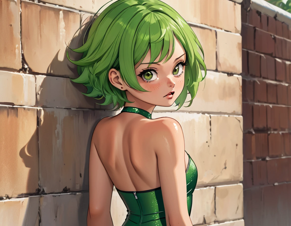 ((Best Quality)), ((Masterpiece)), ((Realistic)) ((Best Quality)), ((Masterpiece)),18 to2, deadly, , large nose, (small chest, flat chested:1.2) (belly grab:1.2), heavy eyeshadow, green lipstick, green short hair, great detail, detailed belly, arms crossed, pouting and angry, large wide lips, unique nose, eyes far apart, thick brown hair, freckles, tomboy, masterpiece, best quality, 1, , strapless one piece swimsuit pear_shaped_body sexy, textured pixie haircut (three quarter view) (leaning on a wall background) 6 and a half heads full body,  surprised, shocked, notice lines, trembling,