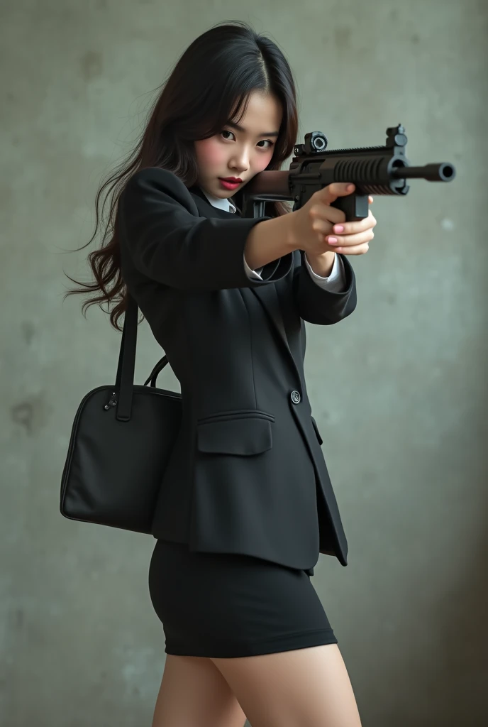 camera back view facing big eyes mouth open real person realistic beautiful korean office lady in mini skirt stance legs open spreading arms straighten full portrait holding rifle gun back view facing sexy legs aiming target