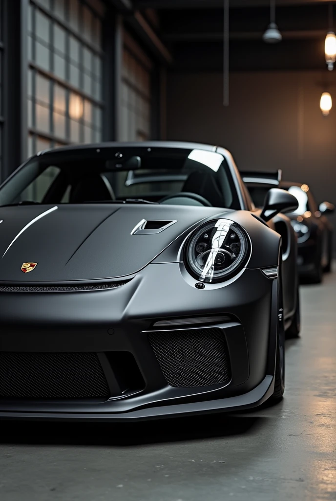Porsche 911 GT3 car, matte black color, carbon, inside an industrial style loft, black walls, New york, cinema lights, realism, great detail, focus on the car, bokeh fondo, full car frame.