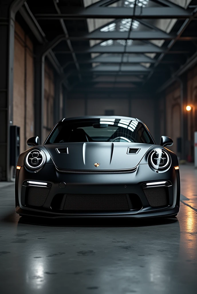 Porsche 911 GT3 car, matte black color, carbon, inside an industrial style loft, black walls, New york, cinema lights, realism, great detail, focus on the car, bokeh fondo, full car frame.