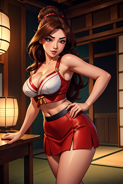 a beautiful detailed girl with long brown hair,an attractive japanese woman with a voluptuous figure,a woman wearing a traditional japanese outfit with a short skirt and exposed midriff,a woman in a sexy victory pose,highly detailed,hyper realistic,4k,8k,masterpiece,photorealistic,vibrant colors,dramatic lighting,professional quality