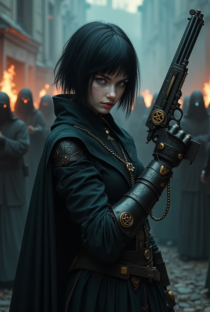 Pale girl with short black hair, From the Middle Ages, realisitic, blue colored eyes, dark clothes with detailed steampunk robotic arm prosthesis, holding an iron flintlock pistol with a pentagram symbol, cut on the face, the night, in the background an angry religious group with fire behind, detaileds